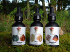 Three black dropper bottles labeled Defend, Flow, and Modulate from Mindfull Mycology, displayed on green moss with a forest background.