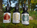 Three black dropper bottles labeled Reishi, Lion's Mane, and Turkey Tail from Mindfull Mycology, displayed on green moss with a forest background.