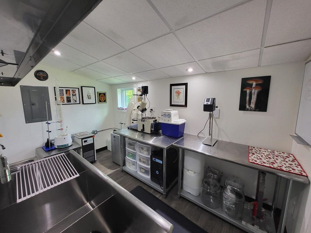 Mindfull Mycology's state and FDA licensed commercial kitchen with stainless steel appliances and laboratory grade extraction equipment.